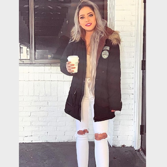 Hooded Faux Fur Drawstring Black Parka Jacket - Picture 7 of 12